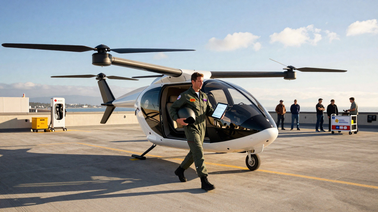 Pilot walking beside a small white helicopter on a rooftop helipad with people and equipment in the background.