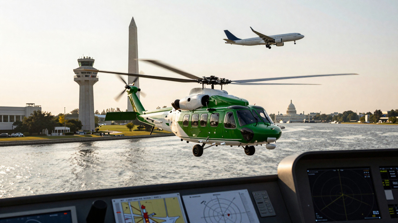 Green helicopter flying over water with Washington Monument, Capitol, control tower, and airplane in background.