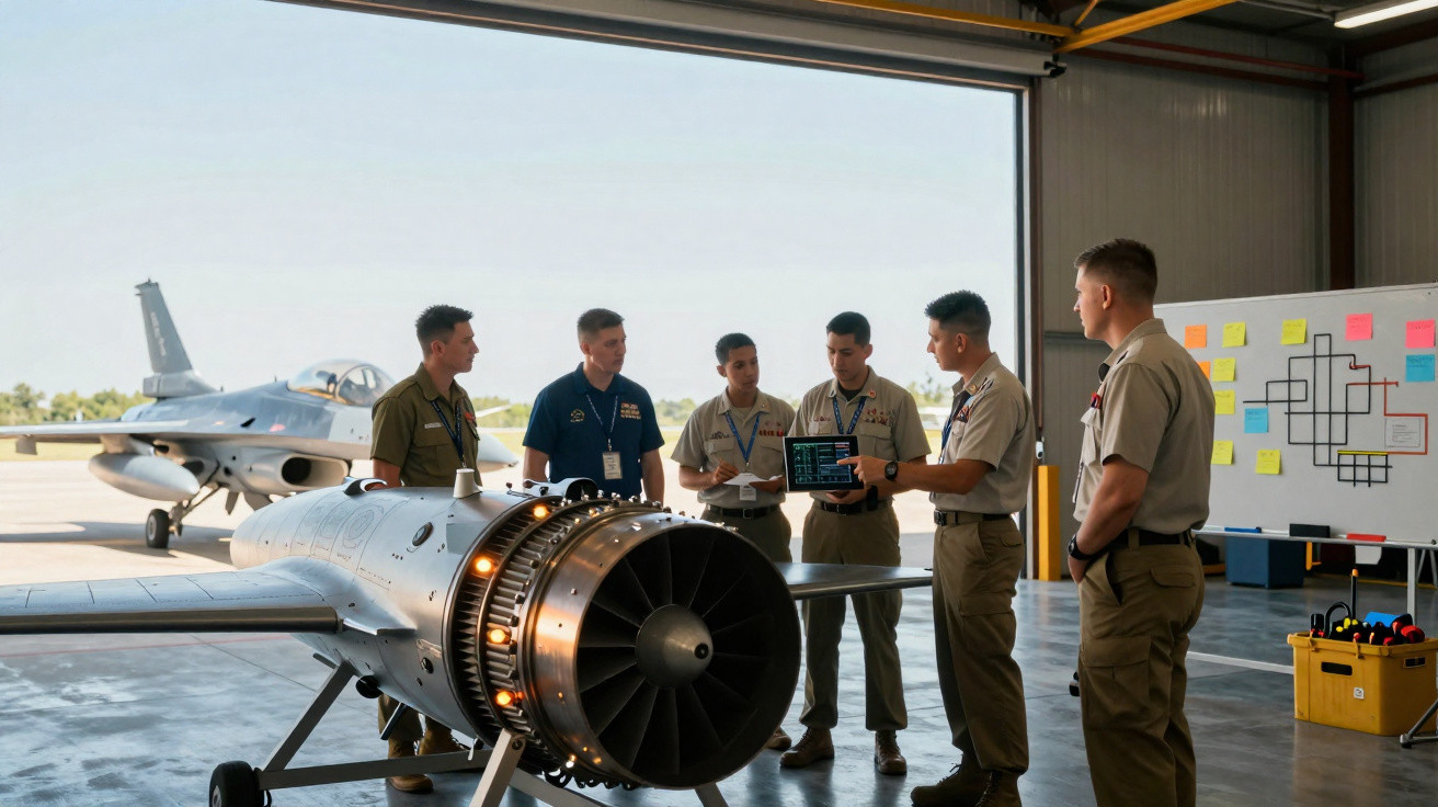 Five military personnel discussing a drone jet engine inside a hangar with a whiteboard and aircraft in the background.
