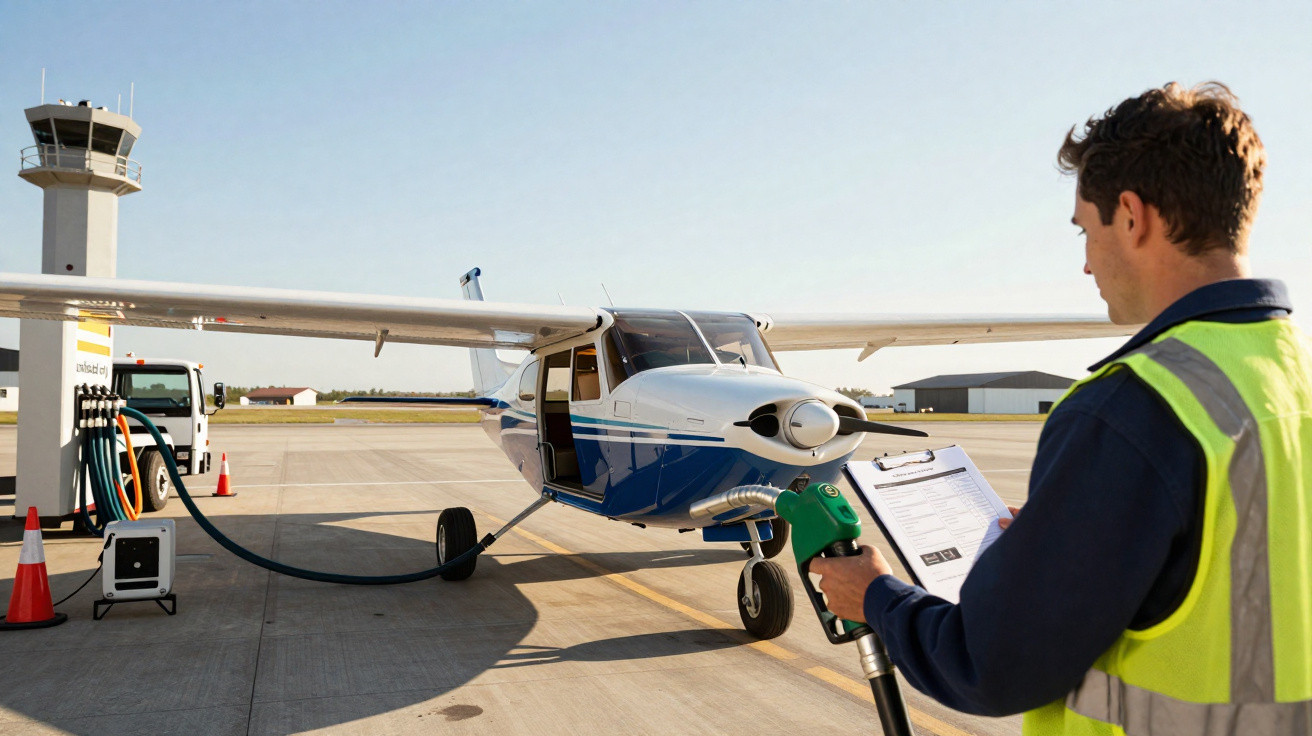 Man holding clipboard and refuelling a small white and blue airplane at an airport fuel station.