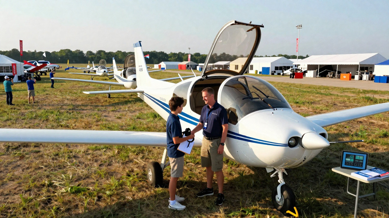Two men talking beside a small white airplane on grassy airfield with tents and planes in background.