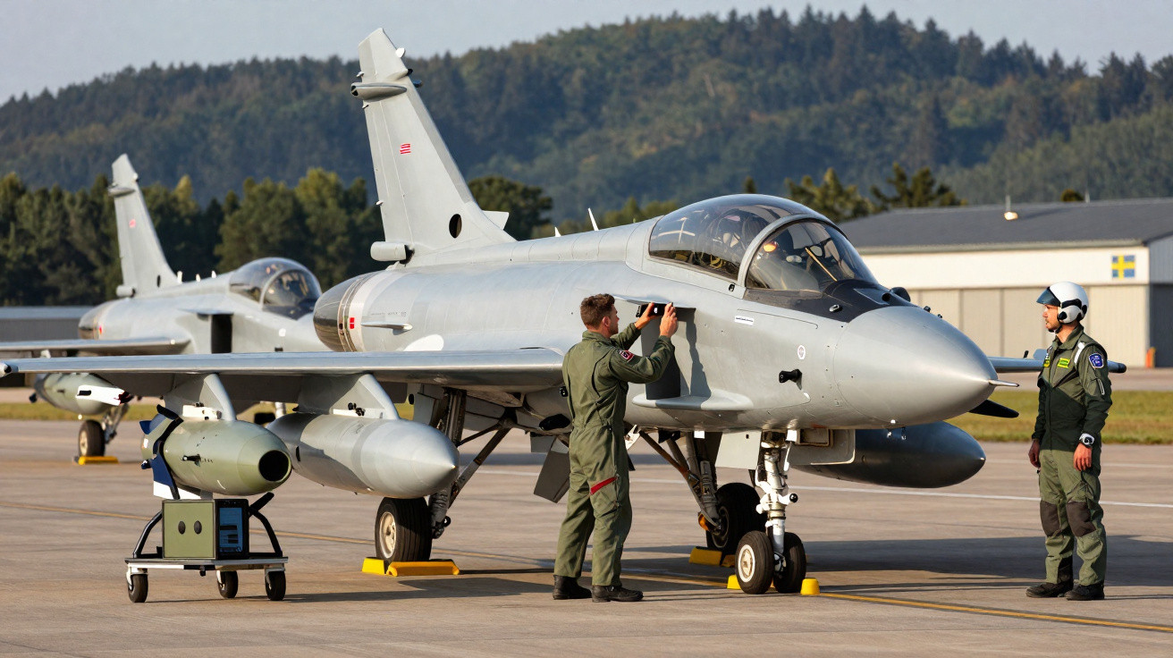 Two military personnel inspecting a grey fighter jet on an airfield with another jet in the background.