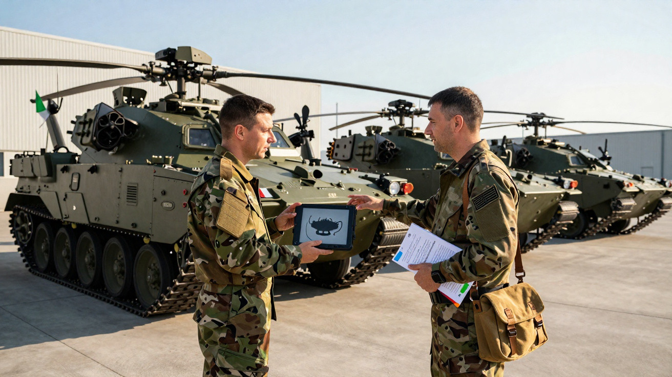 Two soldiers in camouflage uniforms discussing with military vehicles in the background on a concrete surface.
