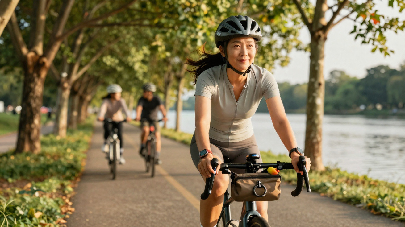 Woman cycling on a tree-lined riverside path with two other cyclists in the background on a sunny day.