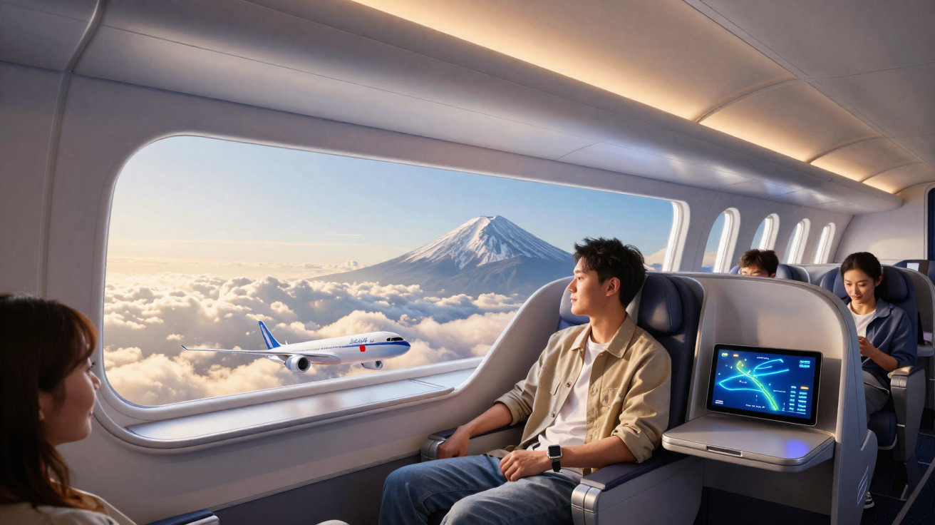 Passengers seated in a luxury airplane cabin with a view of Mount Fuji and another aircraft outside the window.