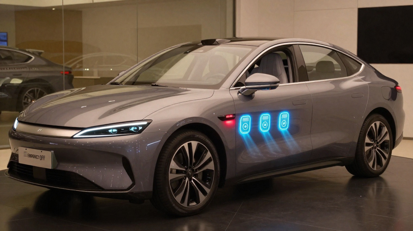 Sleek grey electric sedan with futuristic blue digital icons displayed on the driver's side door, showcased indoors.