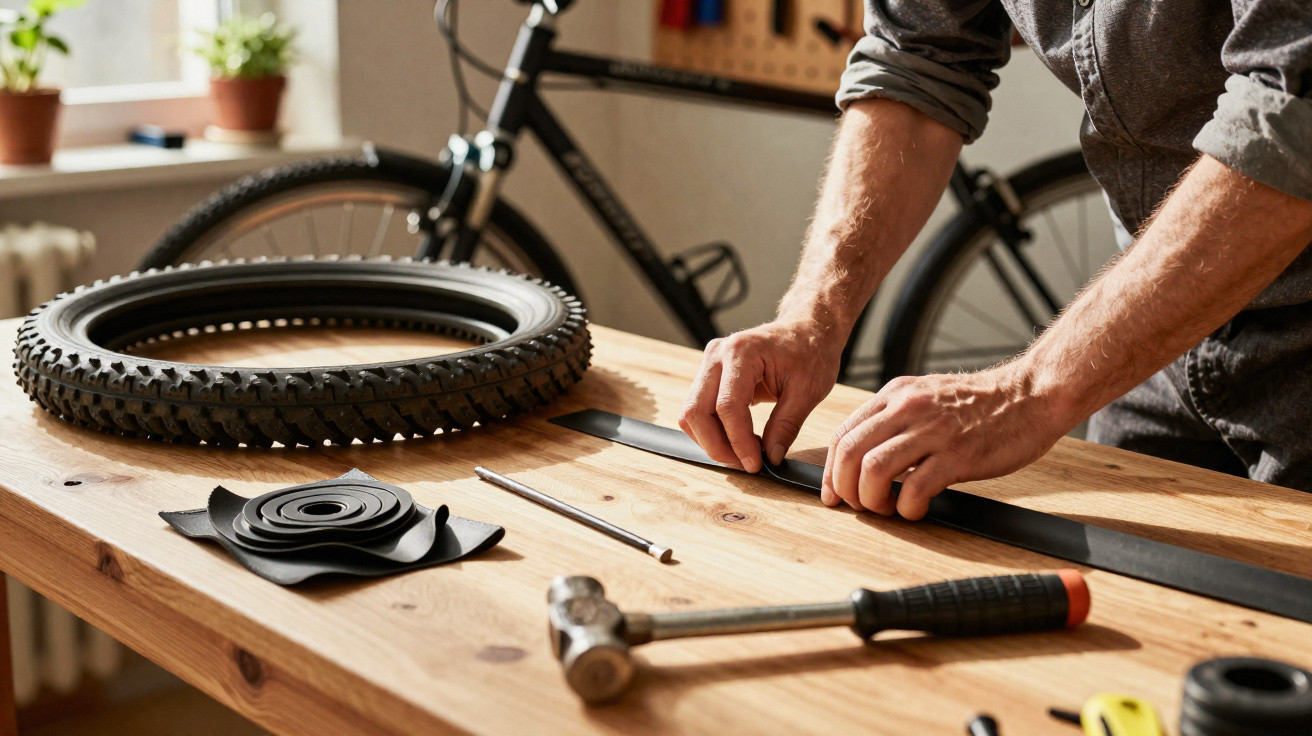 Person repairing a bicycle tyre on a wooden workbench with tools and a bike in the background.