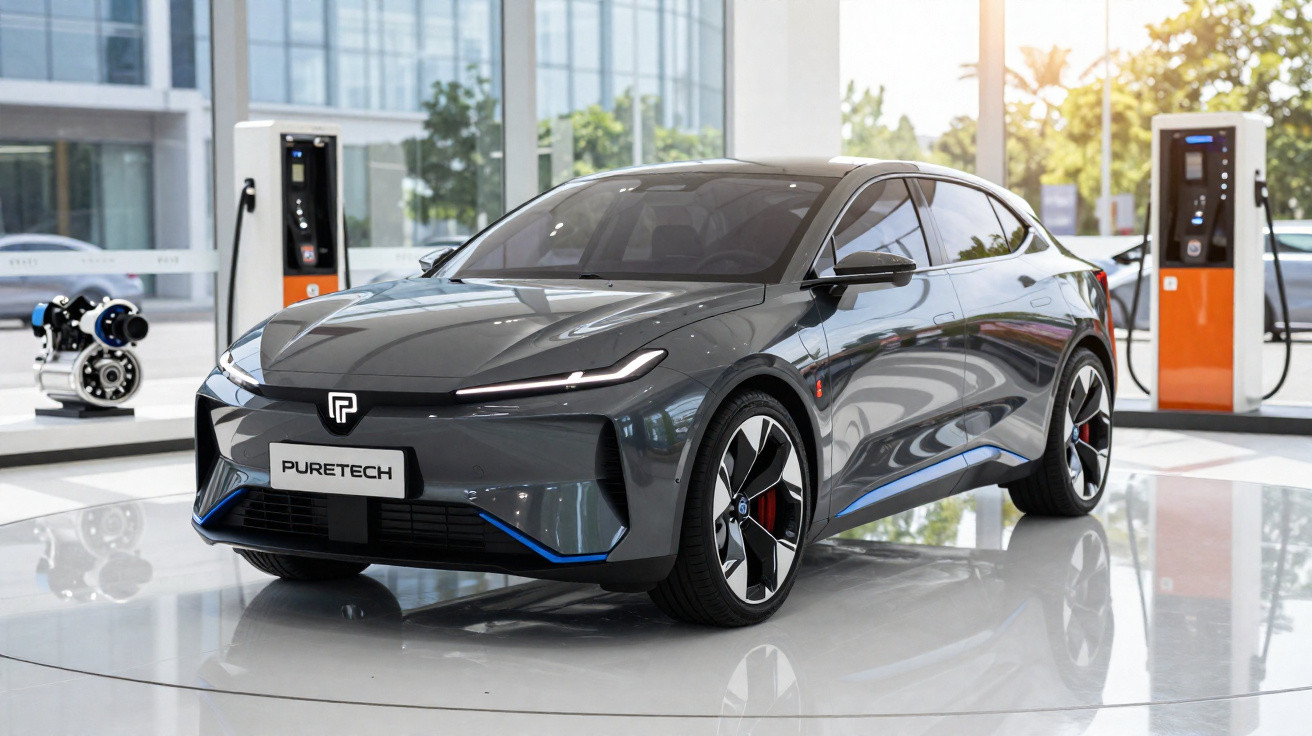 Sleek dark grey electric car displayed indoors near charging stations with modern city buildings reflected on its surface.