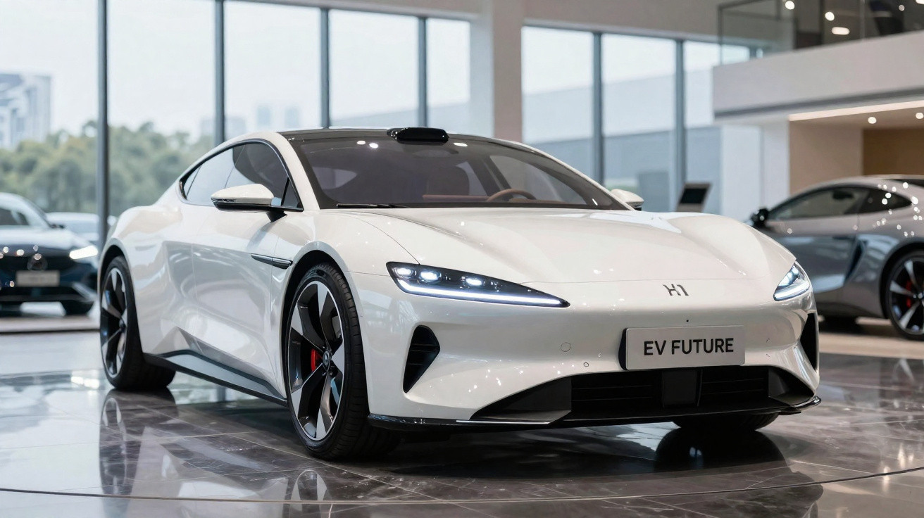White electric sports car with sleek design and lit headlights displayed indoors on glossy floor.