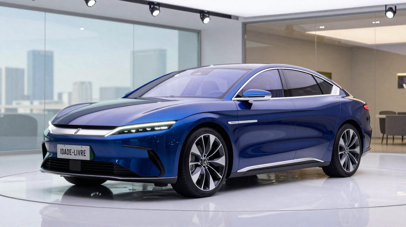 Sleek blue electric sedan showcased in a modern showroom with large windows and city skyline background.