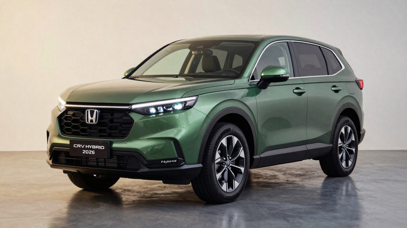 Green 2026 Honda CR-V Hybrid SUV parked indoors with LED headlights on and 5-spoke alloy wheels.