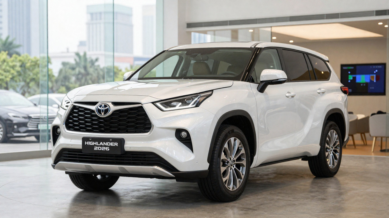 White 2026 Toyota Highlander SUV displayed indoors with cityscape visible through glass windows