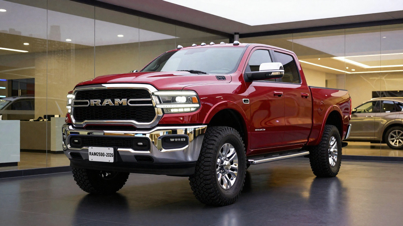 Red RAM 2500 pickup truck parked indoors with polished wheels and chrome accents in a showroom.