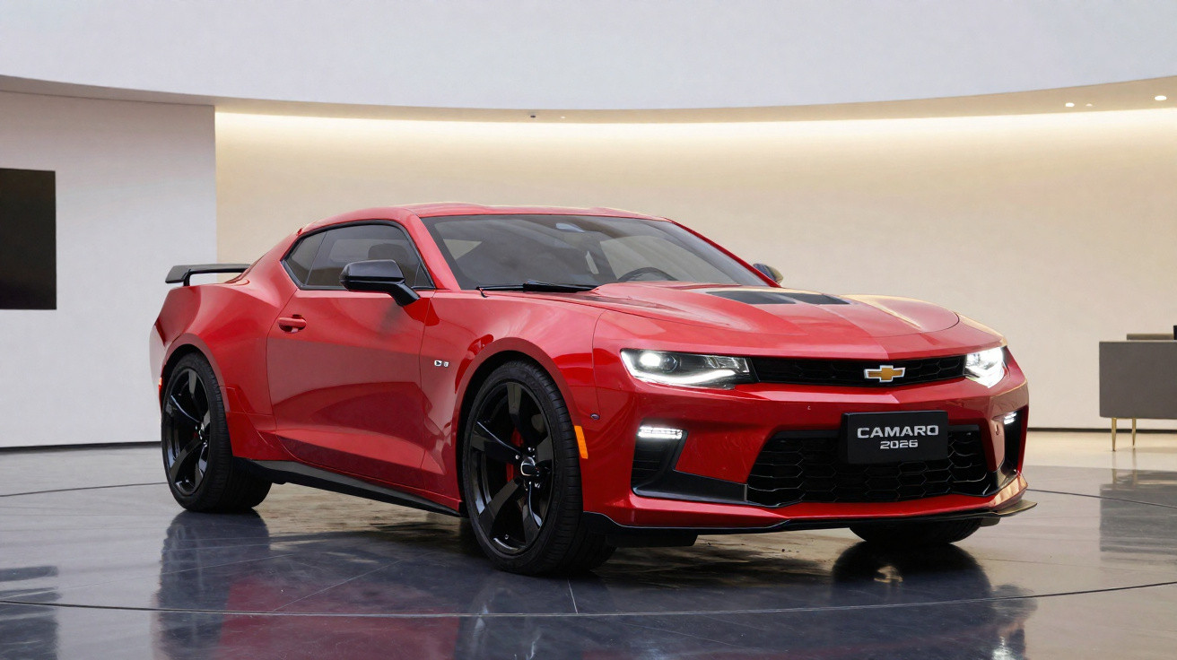 Red 2026 Chevrolet Camaro sports car displayed indoors on a reflective floor with modern lighting.
