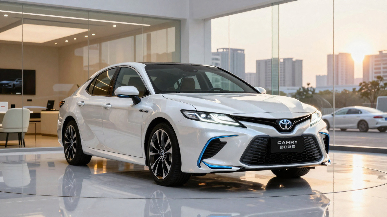 White Toyota Camry 2025 model displayed inside a modern showroom with city buildings in the background.