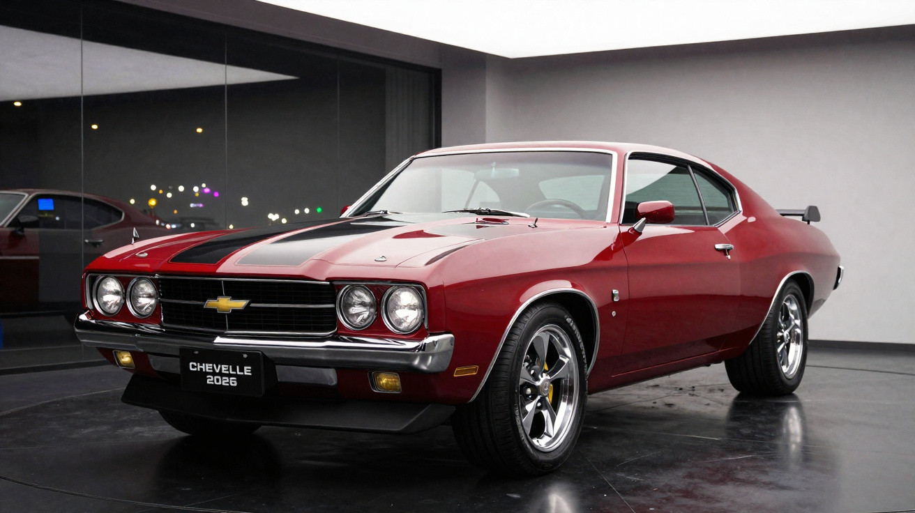 Red 1970s Chevrolet Chevelle muscle car with black racing stripes displayed indoors on black floor