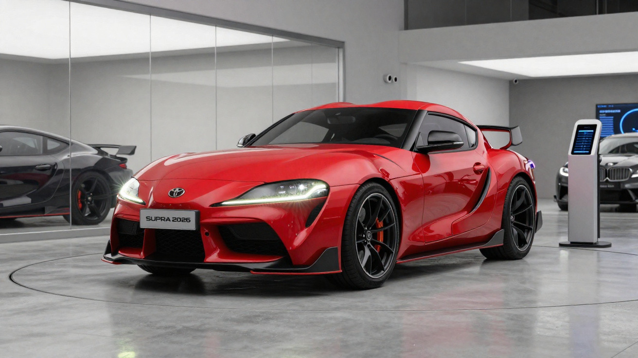 Red Toyota Supra 2026 sports car displayed in a modern showroom with polished concrete floor.