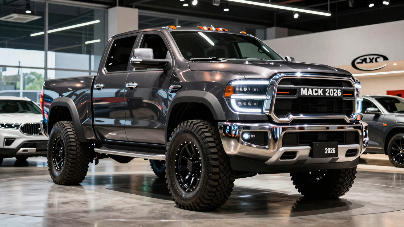 Grey 2026 Mack heavy-duty pickup truck with large off-road tyres, displayed indoors.