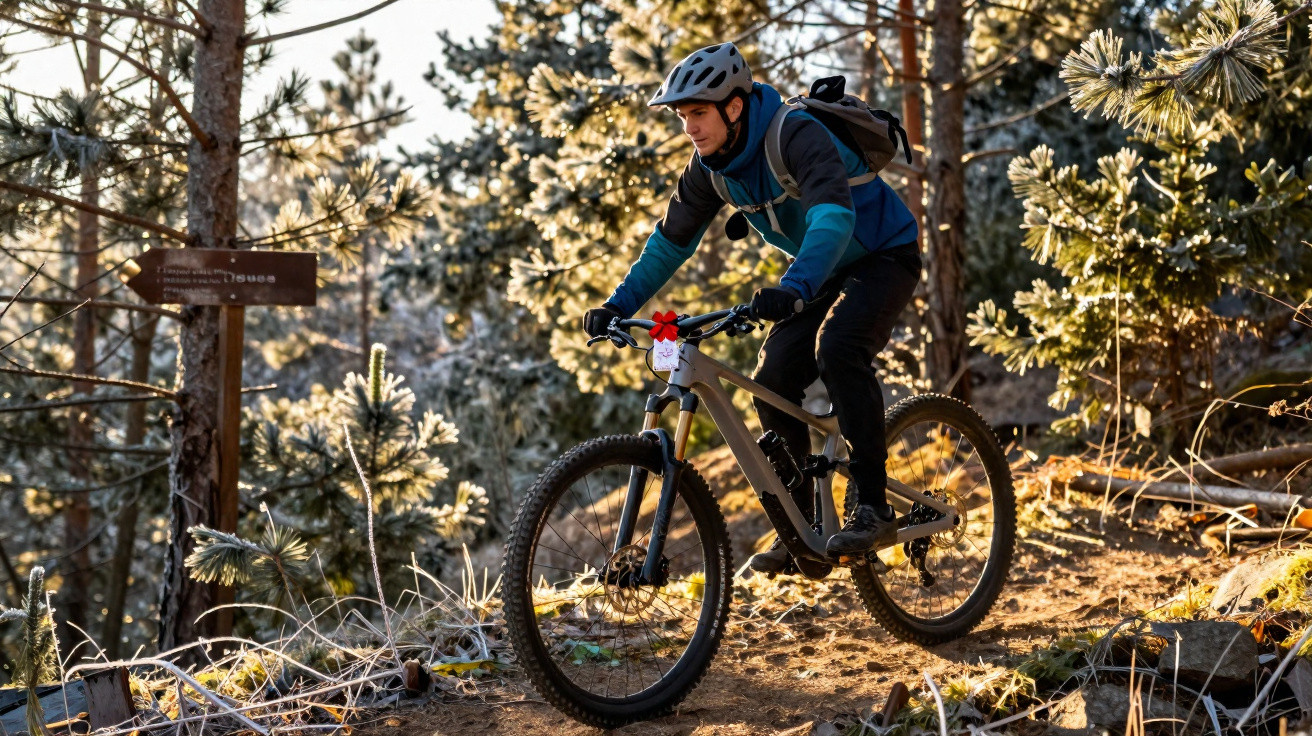 Man wearing helmet and backpack mountain biking on forest trail in autumn morning light