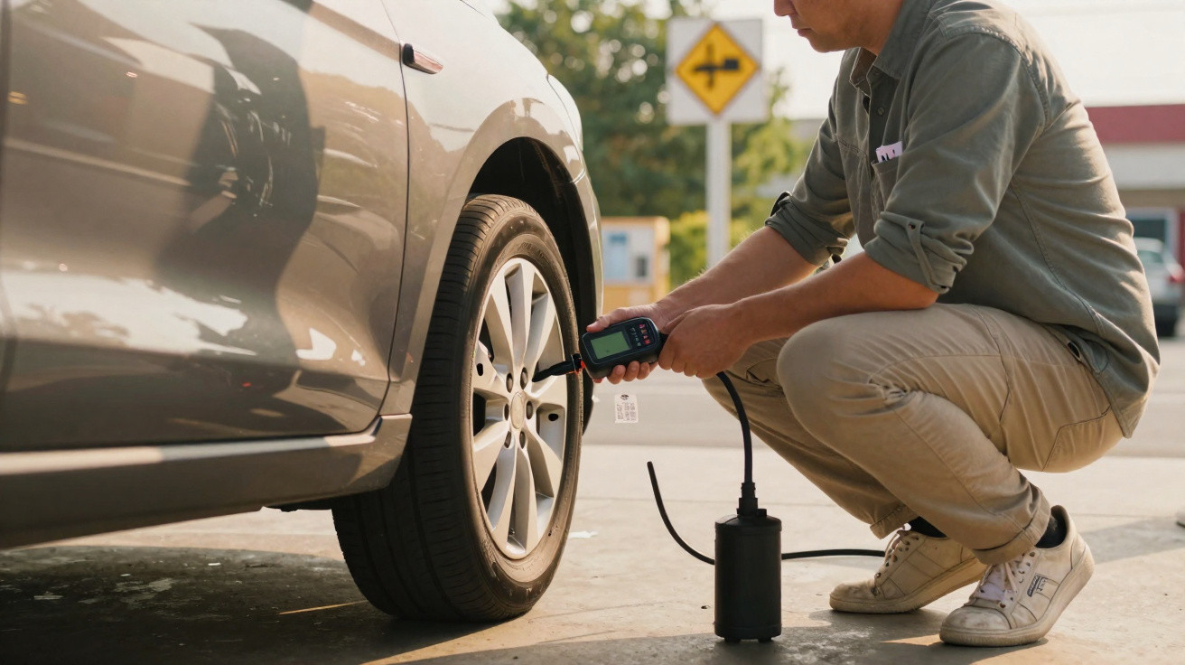 Person checking car tyre pressure with a digital gauge outdoors on a sunny day.