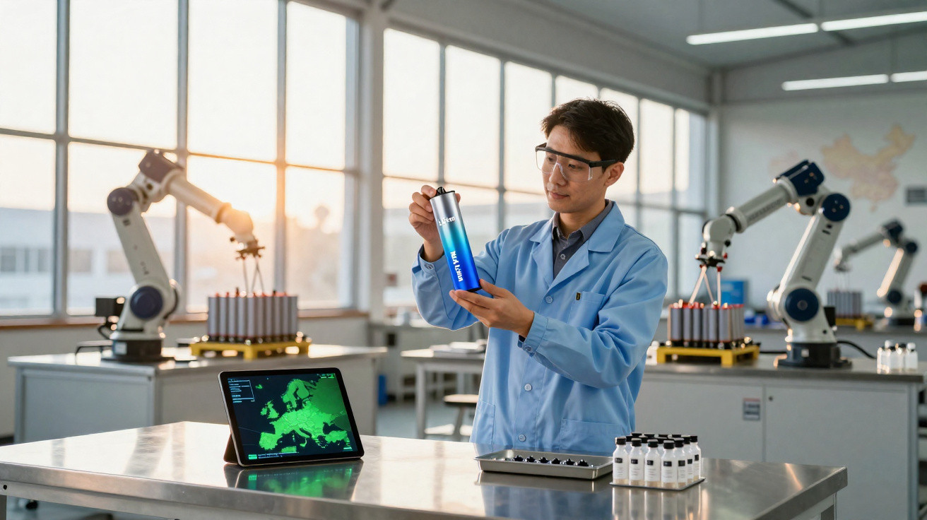 Scientist in lab coat examining a blue battery in a robotics lab with robotic arms and a tablet displaying a map.