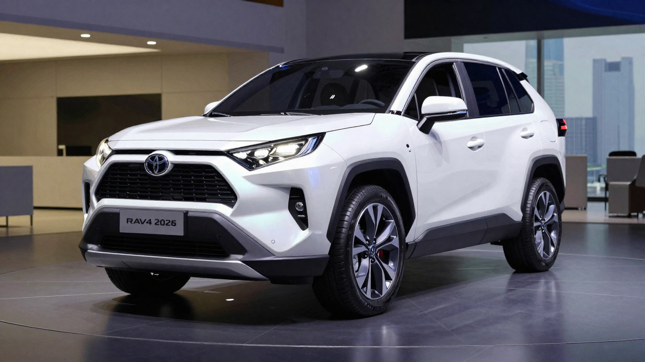 2026 white Toyota RAV4 hybrid SUV displayed indoors on a showroom floor with modern city view.