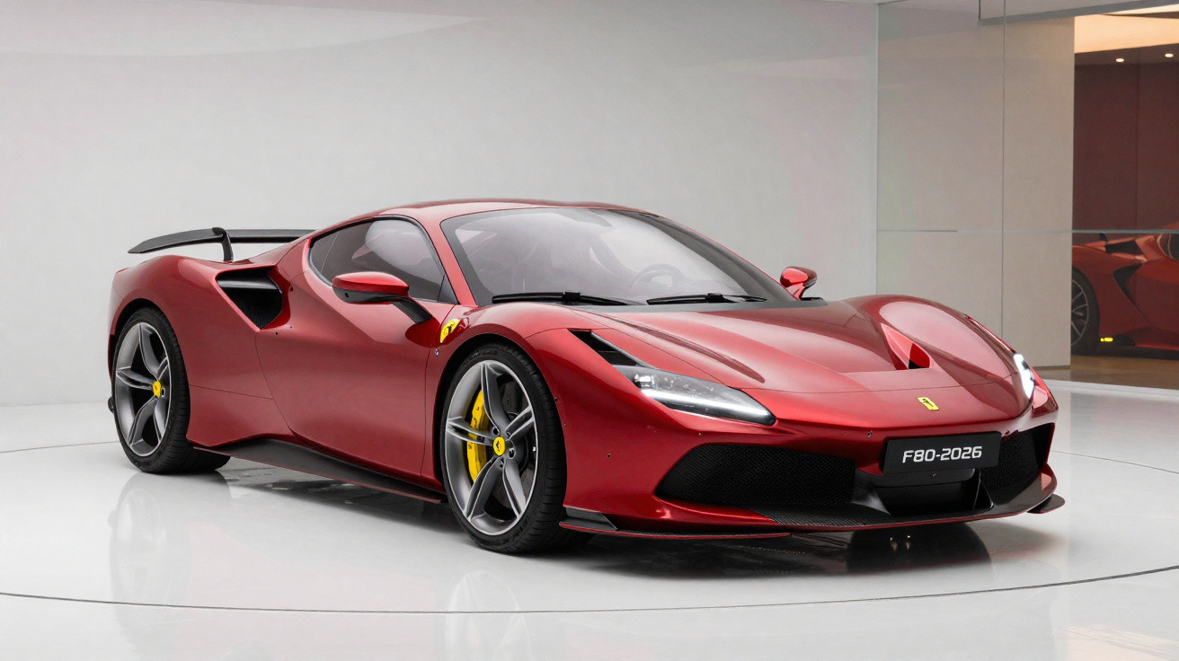 Red Ferrari F8 sports car with yellow brake calipers displayed in a modern white showroom with reflective floor.