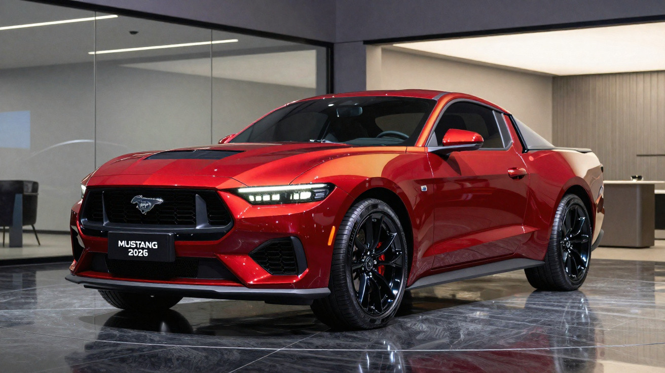 Red 2026 Ford Mustang parked indoors with glossy floor and modern interior background.
