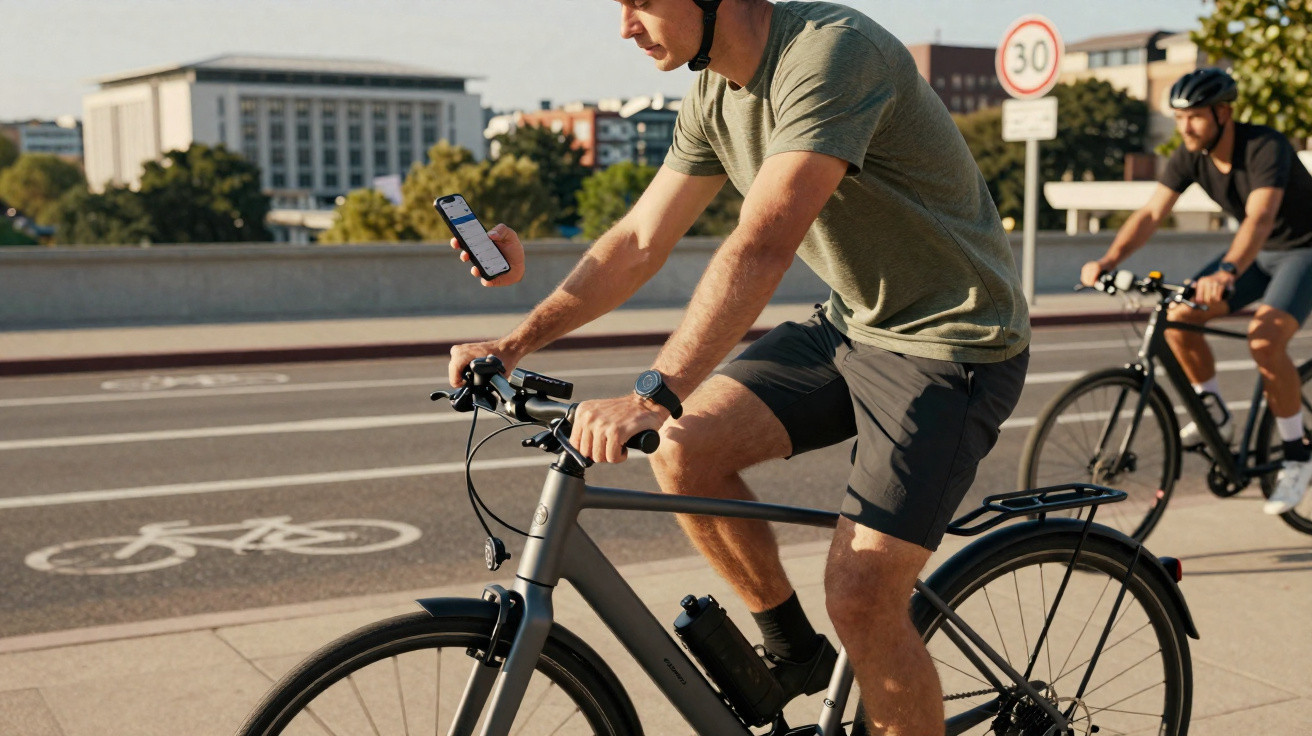 Man wearing helmet cycling on road while looking at smartphone, urban background with another cyclist visible