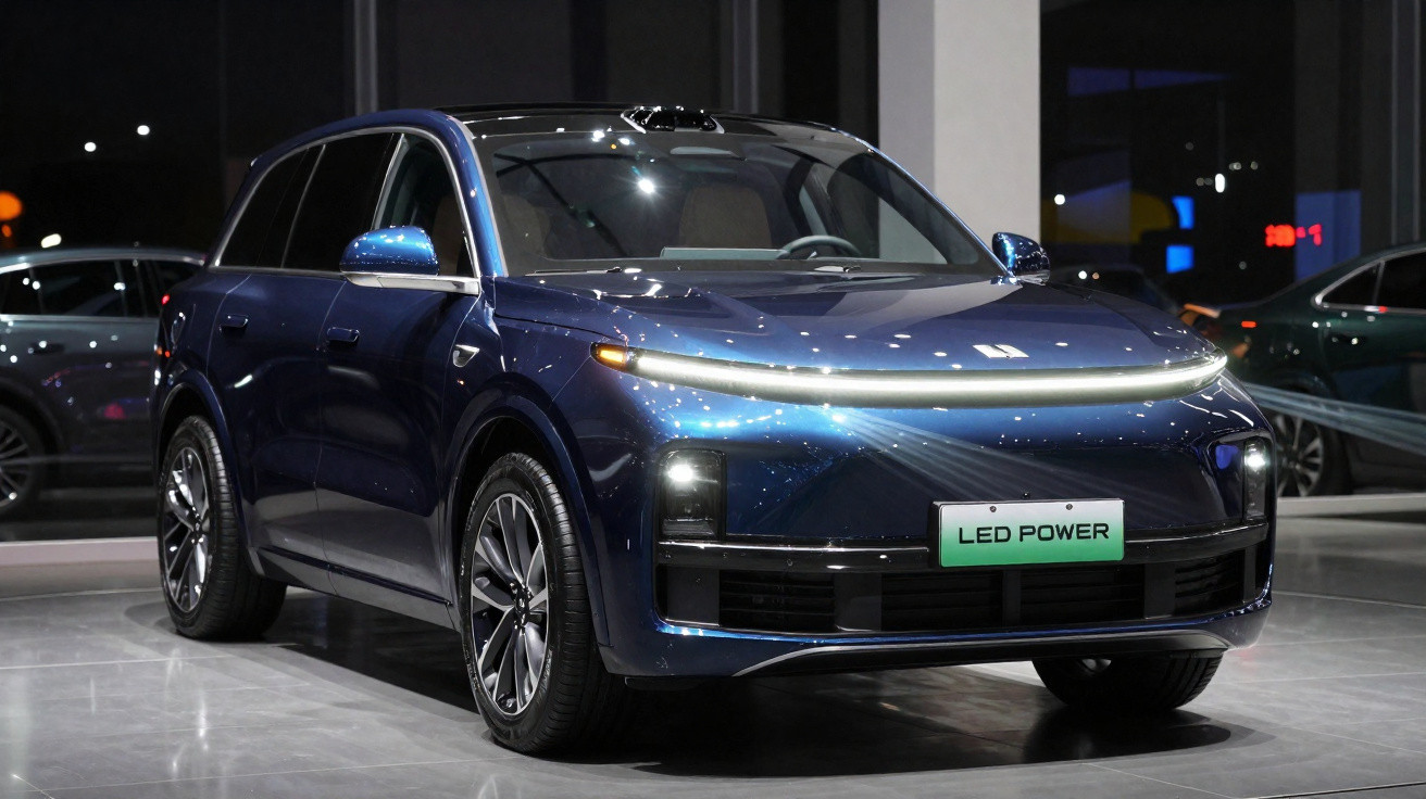 Blue electric SUV with LED light strip and LED power plate displayed indoors at night.