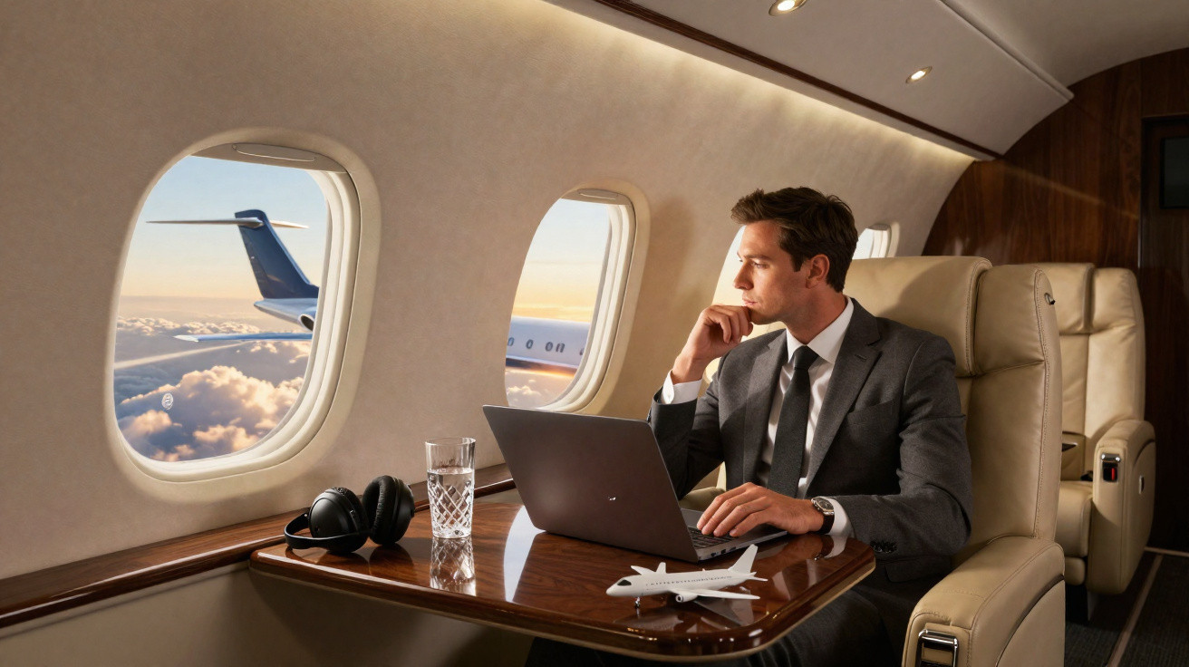 Man in suit working on laptop inside private jet with airplane model and headphones on wooden table.