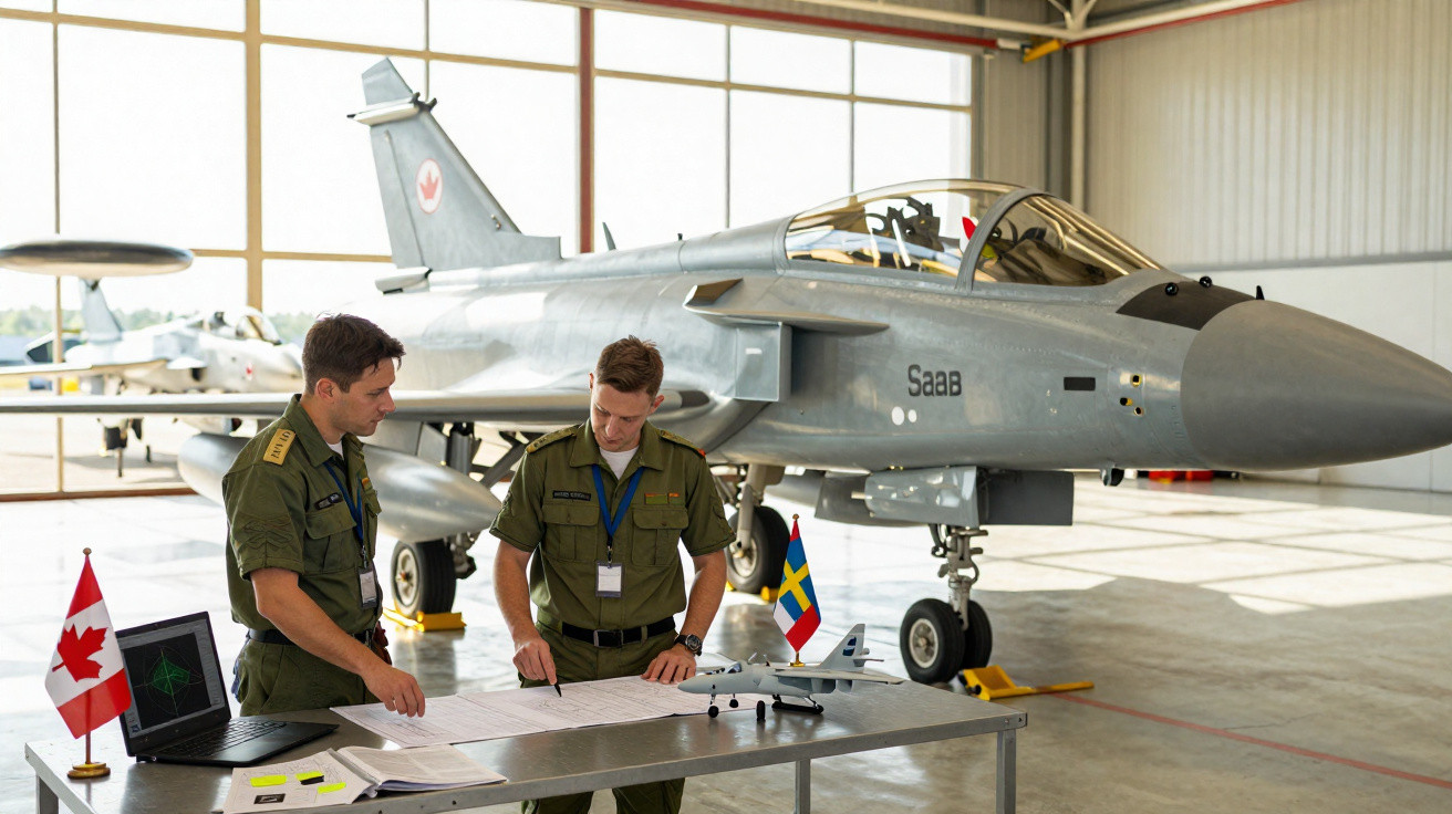 Two military personnel reviewing documents on a table in front of a Saab fighter jet inside a hangar.