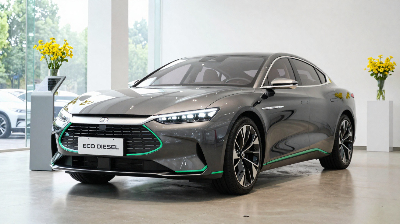 Grey electric eco diesel sedan car displayed indoors with green trim accents and modern design features