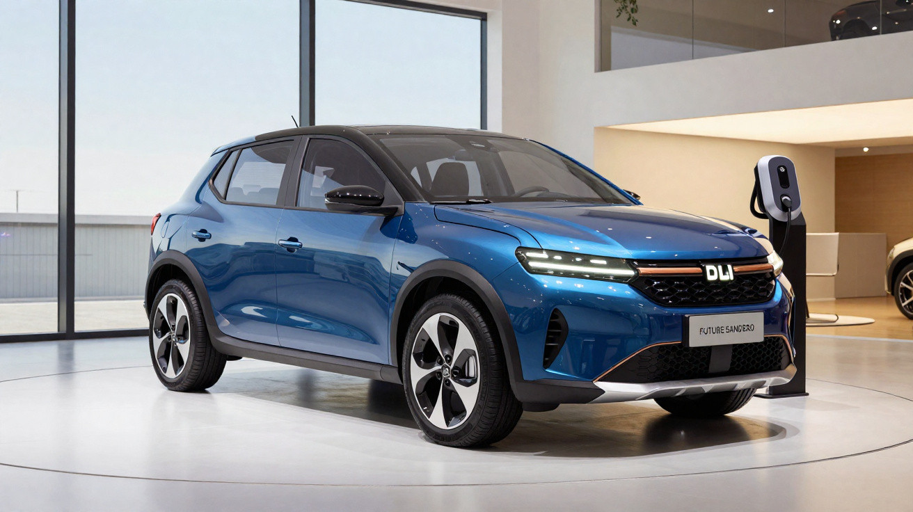 Blue compact electric SUV parked indoors near a charging station in a modern showroom.