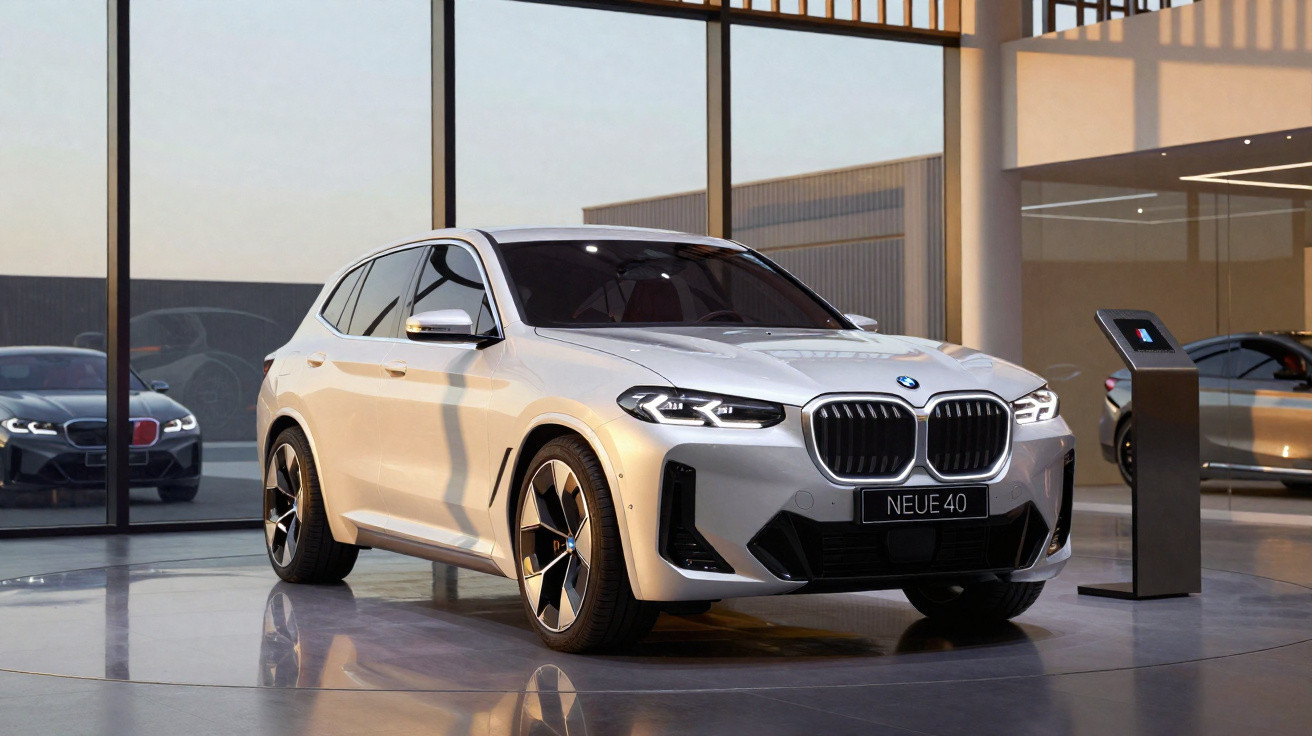 White BMW Neue 40 electric SUV displayed in modern showroom with large windows and polished floor.