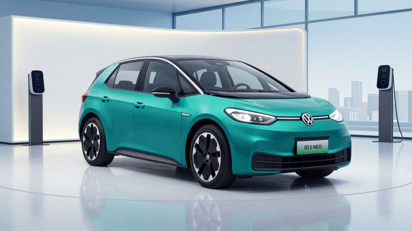 Green Volkswagen ID.3 NEO electric car displayed in a modern showroom with charging stations in the background.
