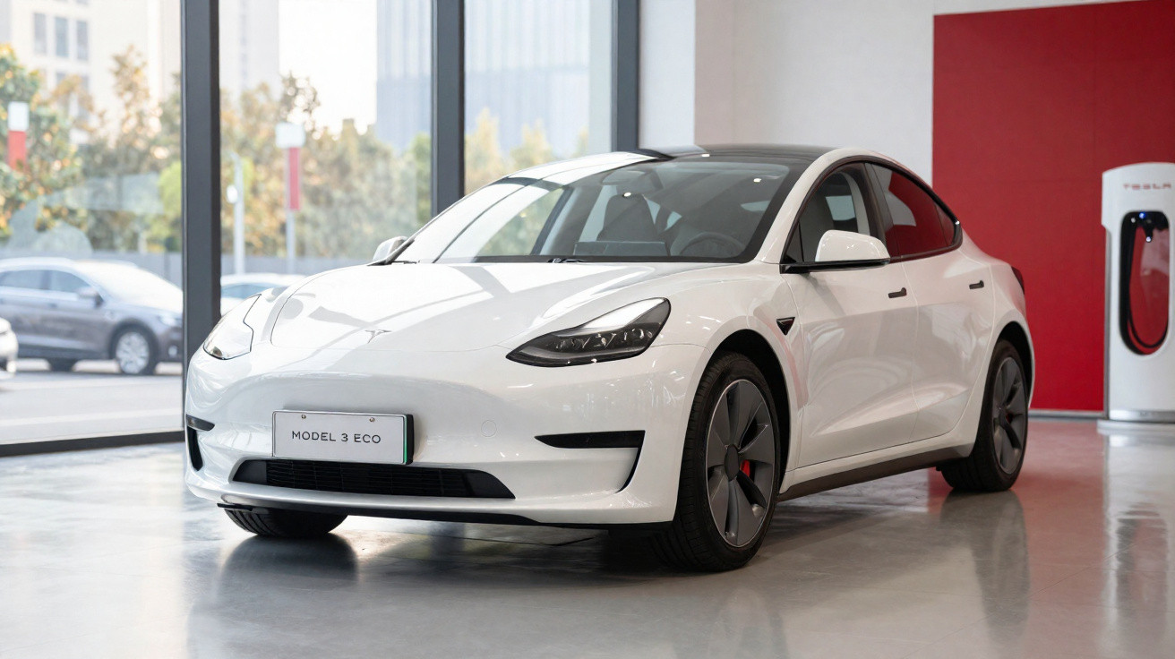 White Tesla Model 3 Eco electric car displayed inside a showroom with large windows and a charging station.