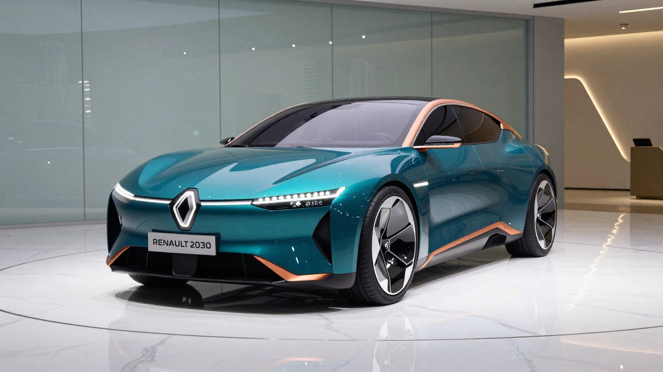 Futuristic teal Renault 2030 concept car with sleek design and LED lights displayed in modern showroom.