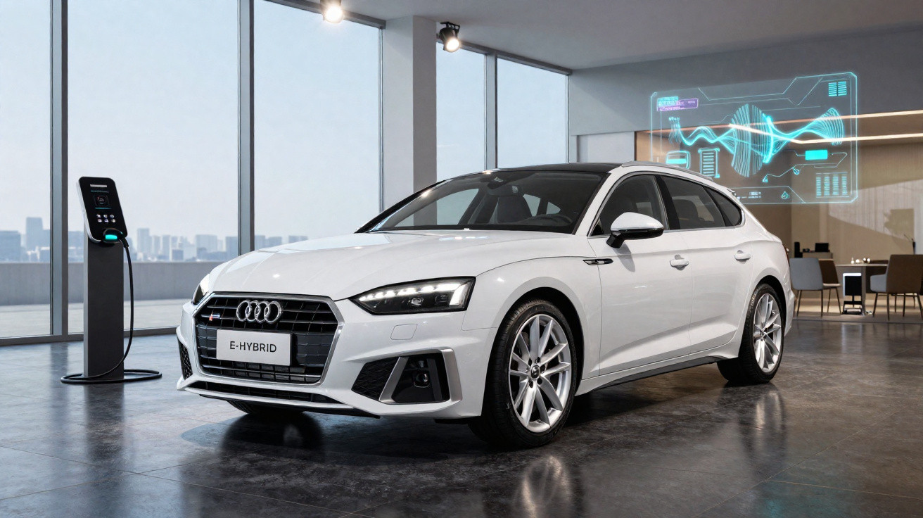 White Audi e-hybrid car charging inside a modern showroom with digital interface displays on the wall.