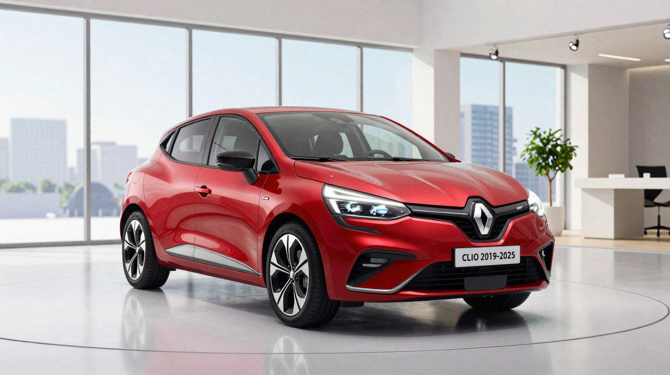 Red Renault Clio 2019-2025 model hatchback displayed indoors with cityscape visible through large windows.
