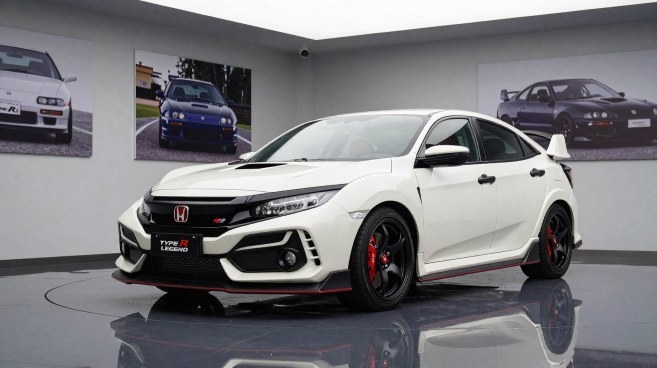 White Honda Civic Type R car displayed indoors with black and red accents and posters of other cars on walls.
