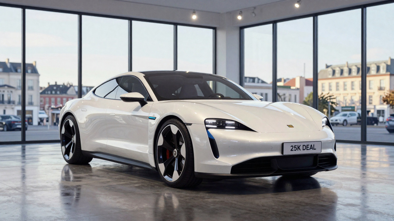White Porsche Taycan electric sports car with black roof inside showroom with large glass windows and city view outside.