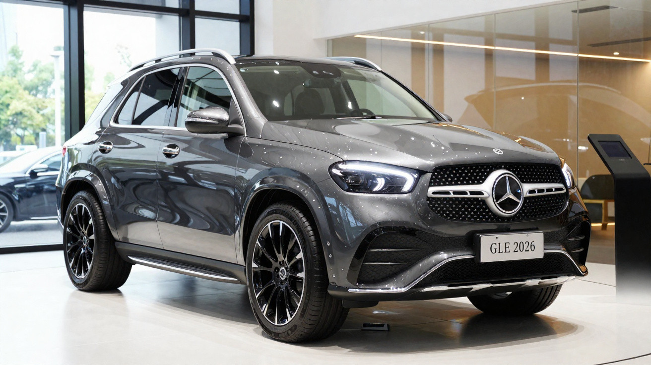 Grey Mercedes-Benz GLE 2026 SUV displayed indoors with modern design and black alloy wheels.