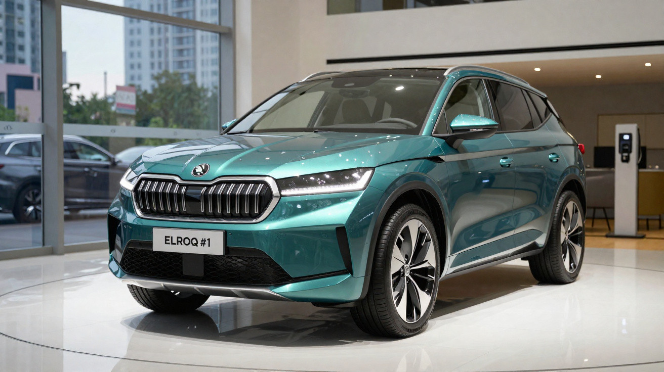 Metallic green Skoda Elroq electric SUV displayed in a showroom with modern city buildings visible outside.