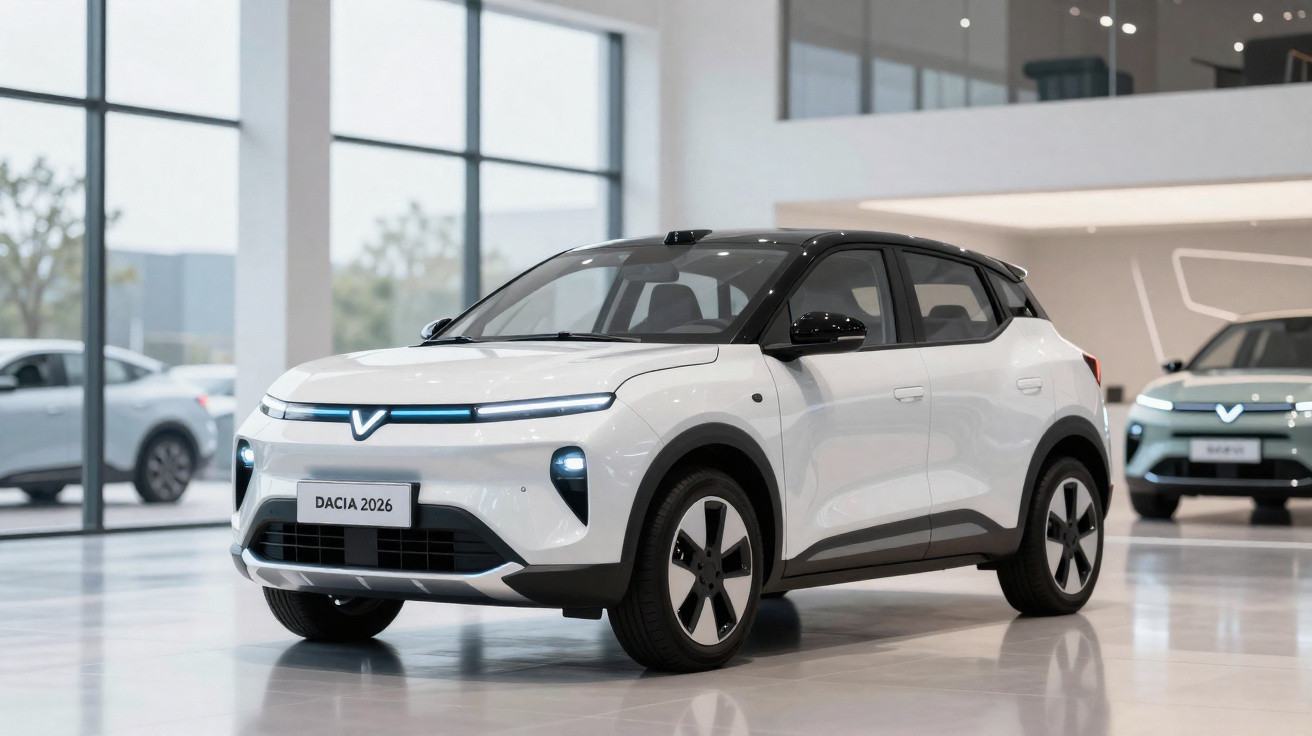 White Dacia 2026 electric SUV with sleek headlights and black roof displayed in a modern showroom.