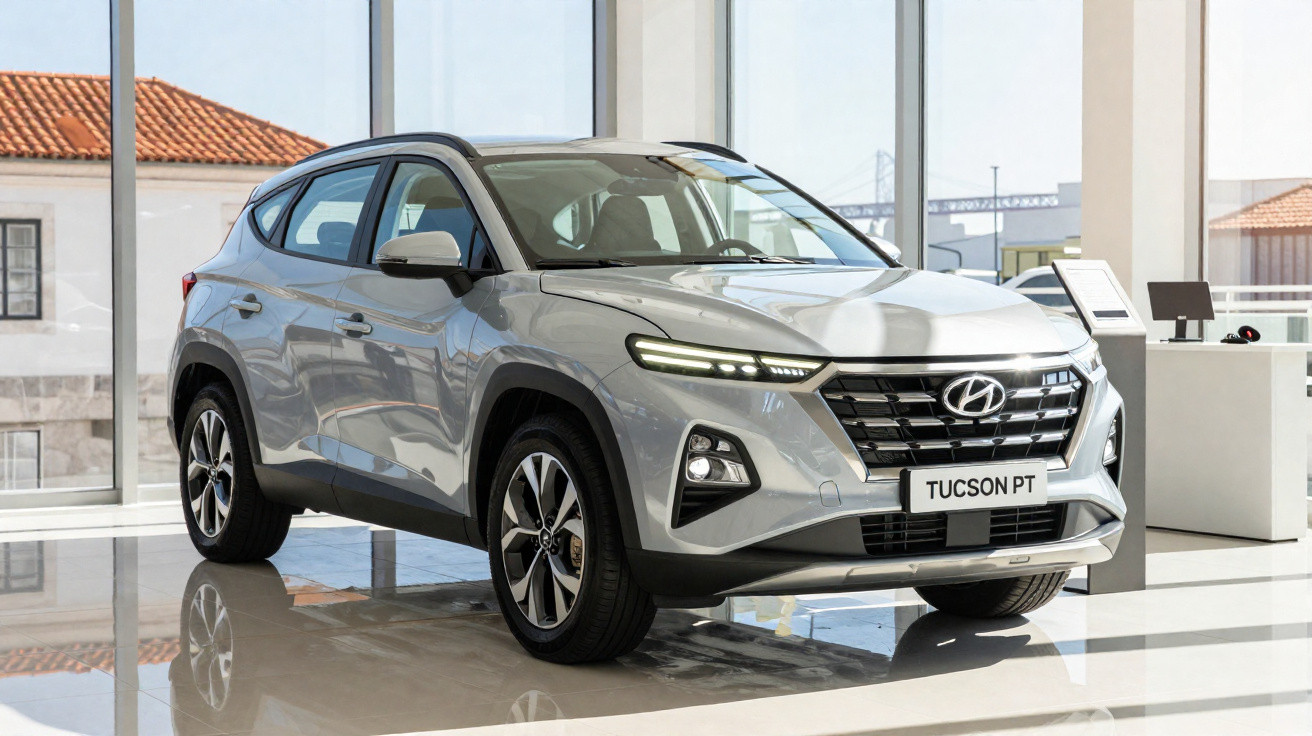 Silver Hyundai Tucson PT SUV displayed inside a bright showroom with large windows and tiled floor.
