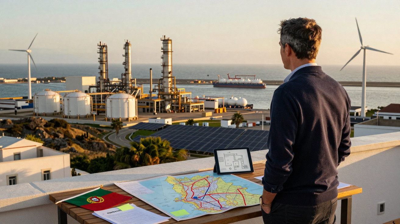 Man overlooking industrial plant by the sea with wind turbines, solar panels, maps, and tablet on table.