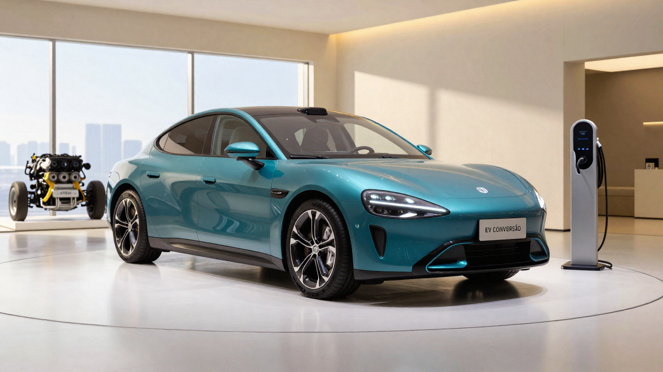 Teal electric sedan on display in a modern showroom with a charging station and engine model nearby