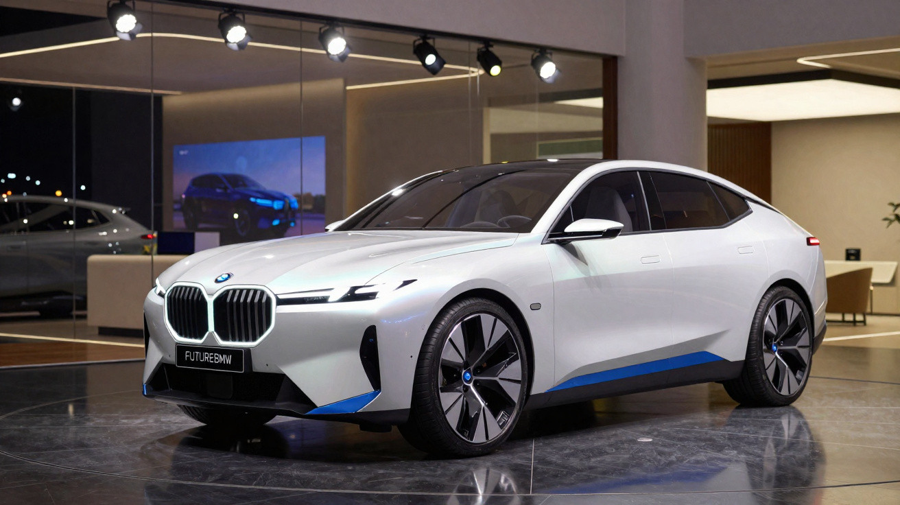 White BMW electric concept car displayed indoors with sleek design and blue accents under spotlights.