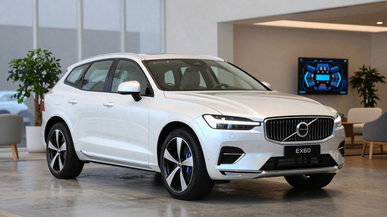 White Volvo EX60 SUV parked indoors with modern furniture and plants in the background.